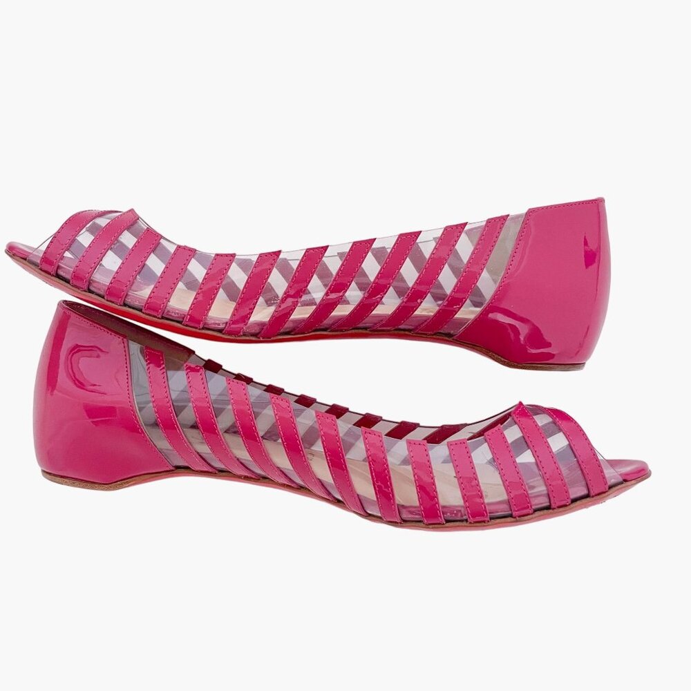 Christian Louboutin Pink Striped Peep-Toe Flats - Picture 8 of 13